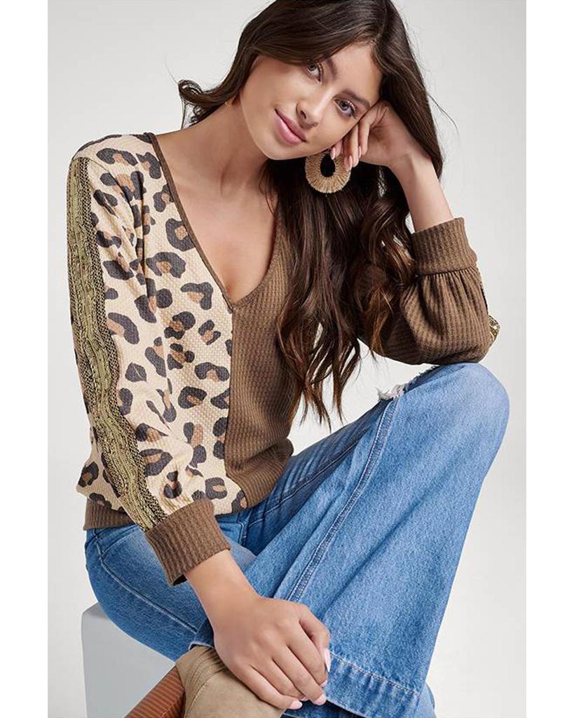 Azura Exchange Brown Leopard Splicing Waffle Knit V Neck Top
