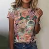 Summer Round Neck Cartoon Cat Pattern 3D Print Top Fashionable Casual Short Sleeved Women's T-shirts