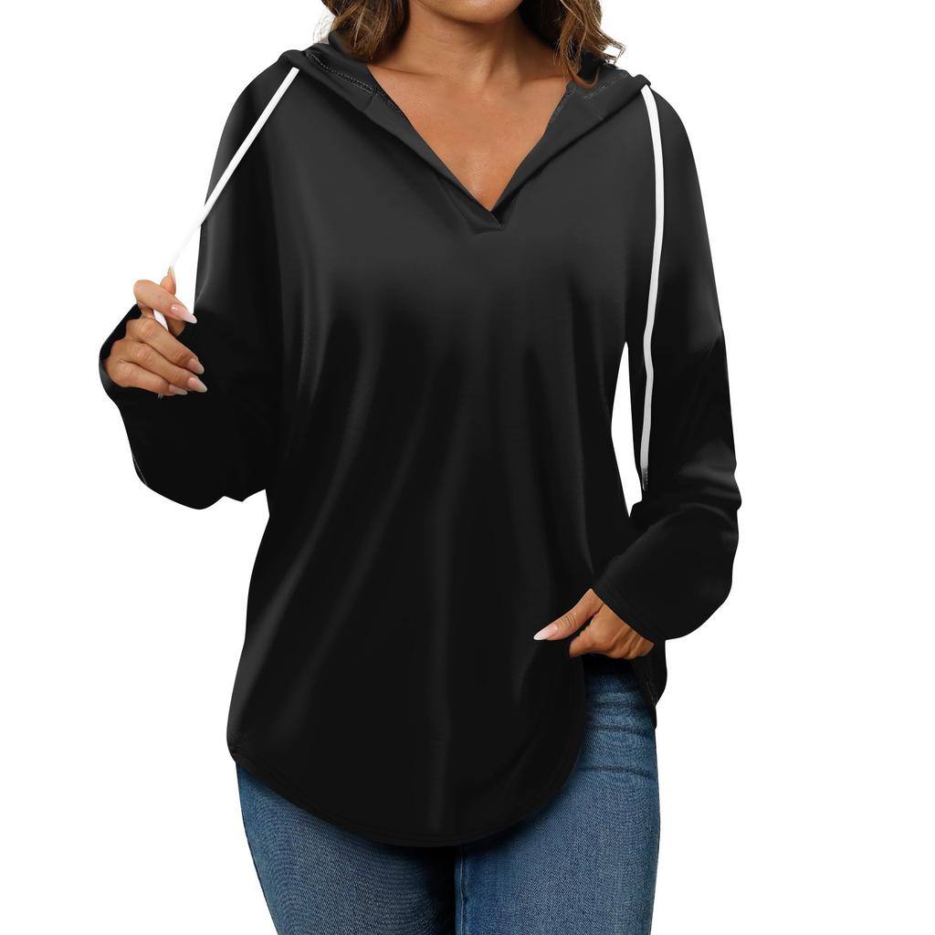 Women's Fashion Hoodies V Neck Long Sleeve Solid Drawstring Casual Loose Pullover Tops
