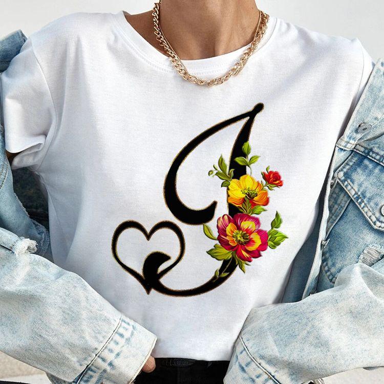 Custom Name Letter Combination Tops Fashion Women T-Shirt Rose Flower Heart Letter Font A B C D Short Sleeve Tees Black T-Shirt