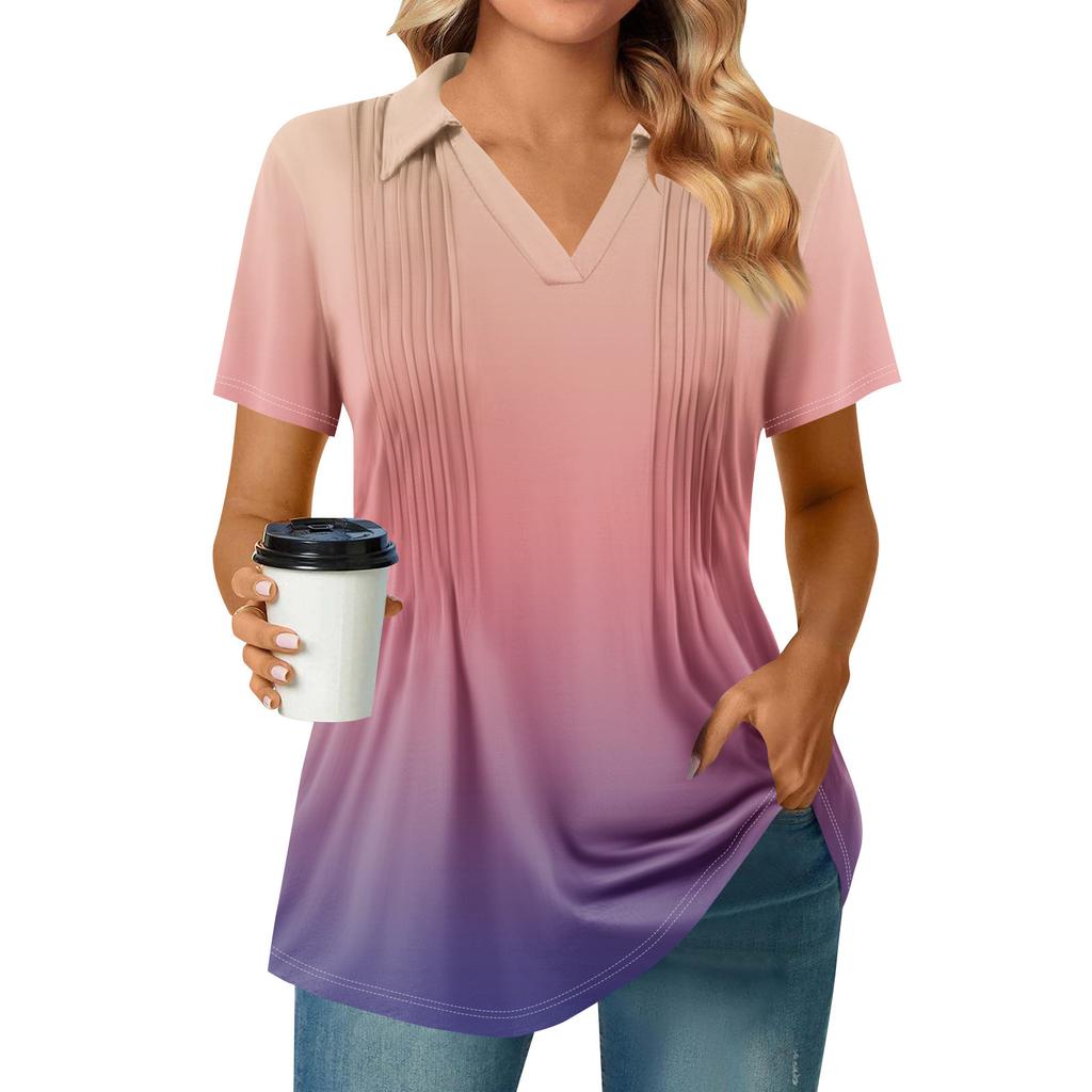 Womens Short Sleeve T Shirts Pleated V Neck Printing Tee Collared Summer Tops Fashion Business Casual Work