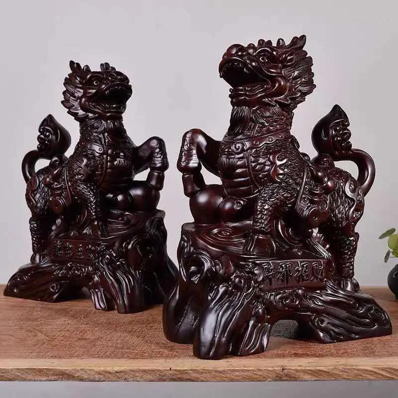 2PCS Solid Wood Carving Simulated Kirin Decoration Office Crafts Housewarming Sculpture Attract Wealth FENG SHUI Home Decor