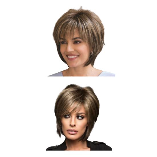 Women Short Straight Wig Wispy Bangs Natural Heat Resistant High Temperature Fiber Ladies Highlights Bobo Synthetic Hair