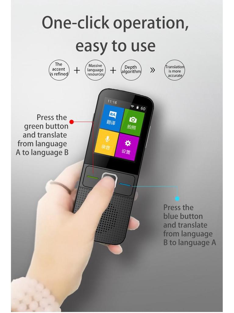 T10 Smart Voice Translator with 14 Offline Languages, Supports 138 Languages, Wi-Fi, Photo, and Recording Features.