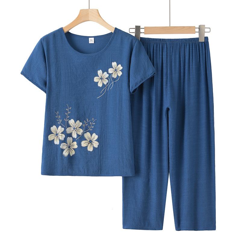 Elderly Women's Cotton Linen Short Sleeve Two-Piece Summer Outfit