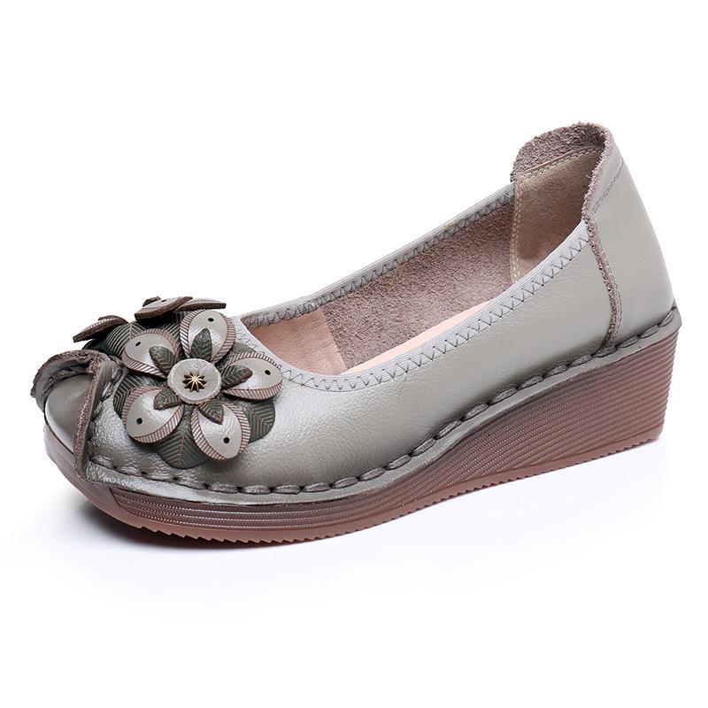 2024 Ethnic Style Cowhide Wedge Heels: Comfortable, Non-Slip, Floral Casual Shoes