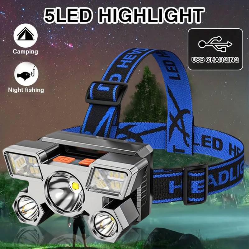 LED Headlamp Strong Light Super Bright Head-Mounted Flashlight Outdoor Rechargeable Night Fishing Headlight 5 Light Sources