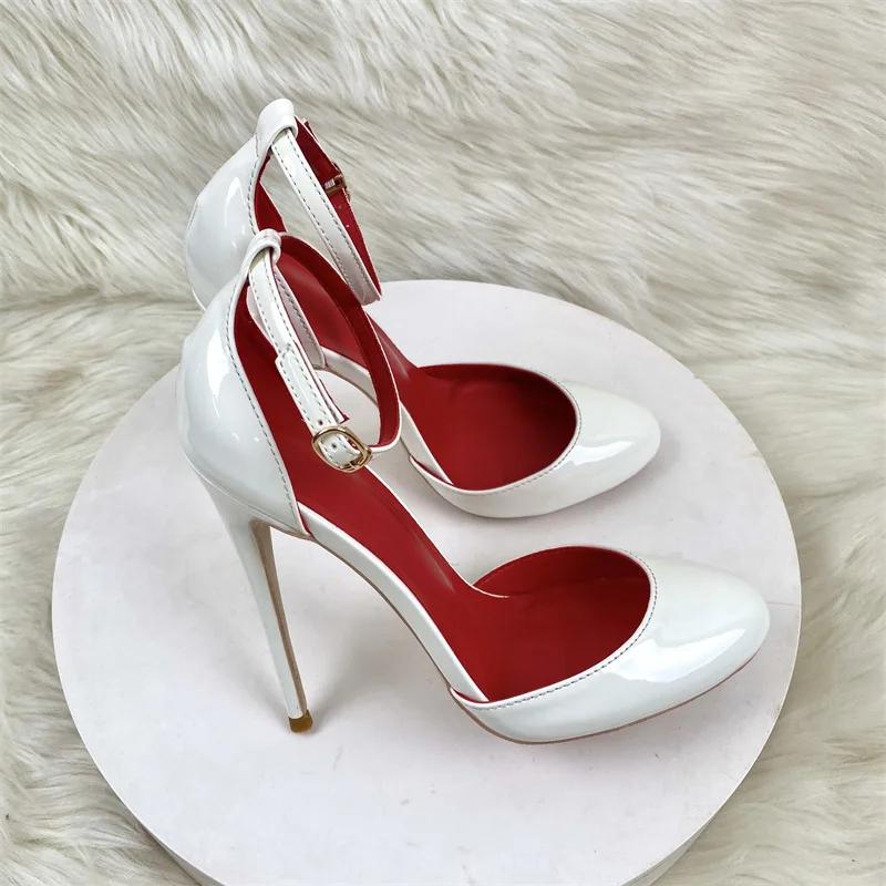 White Patent Leather Women Ankle Strap Stiletto Pumps Round HeadToe Sexy High Heel Shoes 10cm 12cm Customize 33-46 Zapatos Mujer