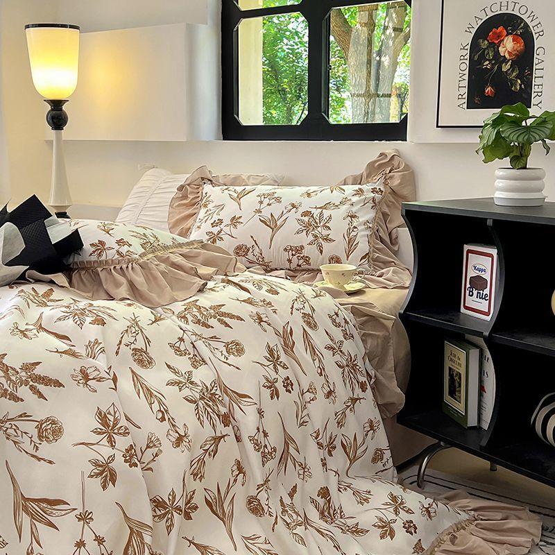 French Retro Light Luxury Washed Cotton Four Piece Set Bedroom Lace Duvet Set Single Bedding Set Dormitory Bed Linen