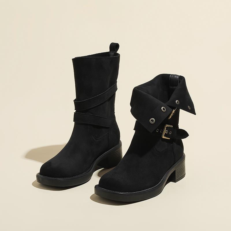 Retro Suede Western Cowboy Boots Women's Autumn and Winter Medium Tube Thick Heel Two Wear Lapel Short Boots Women's Belt Buckle Martin Boots