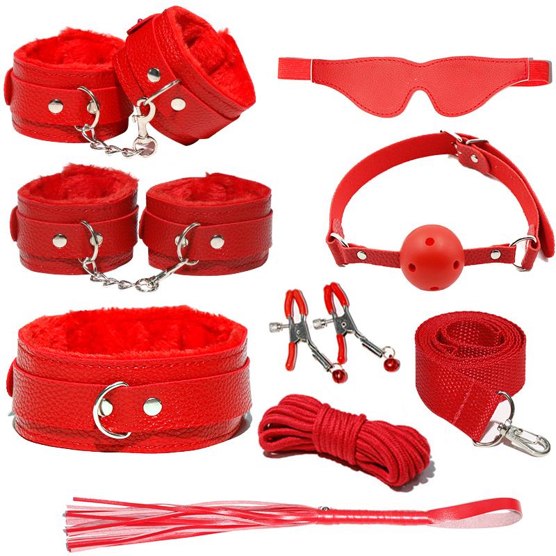 8pcs SM Sex Toy Set, Couple Sex Toys, Collars and Leashes, Handcuffs, Ankle Cuffs, Whips, Mouth Balls, Eye Masks, 10 Meter Rope, Nipple Clip Props