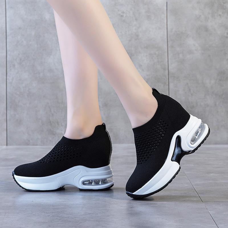 Inner Heightening Platform Women's Shoes 2025 Autumn New Lightweight Breathable Fly-woven Shoes Running Shoes Air Cushion Sports and Leisure Women's