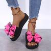 Fashion Women's Slope Heel Sandals Summer New Round Head Open Toe Cloth with Butterfly Knot Thick Sole Anti-slip Wear-resistant Slippers