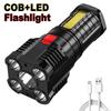 Super Bright Outdoor Multi-function 5 LEDs Flashlight USB Rechargeable Waterproof Long-range Spotlight Battery Indicator COB Flood Light 4 Modes