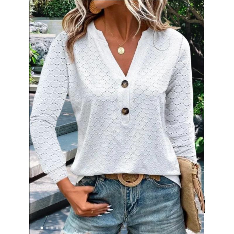 V-neck Solid Color Women's Shirt Button Decor Stylish Hollow Out Blouses Loose Fit Long Sleeve Autumn Female Clothing