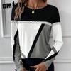 Women's Pullover Round Neck Color Contrast Patchwork Geometric Print Top T-shirt