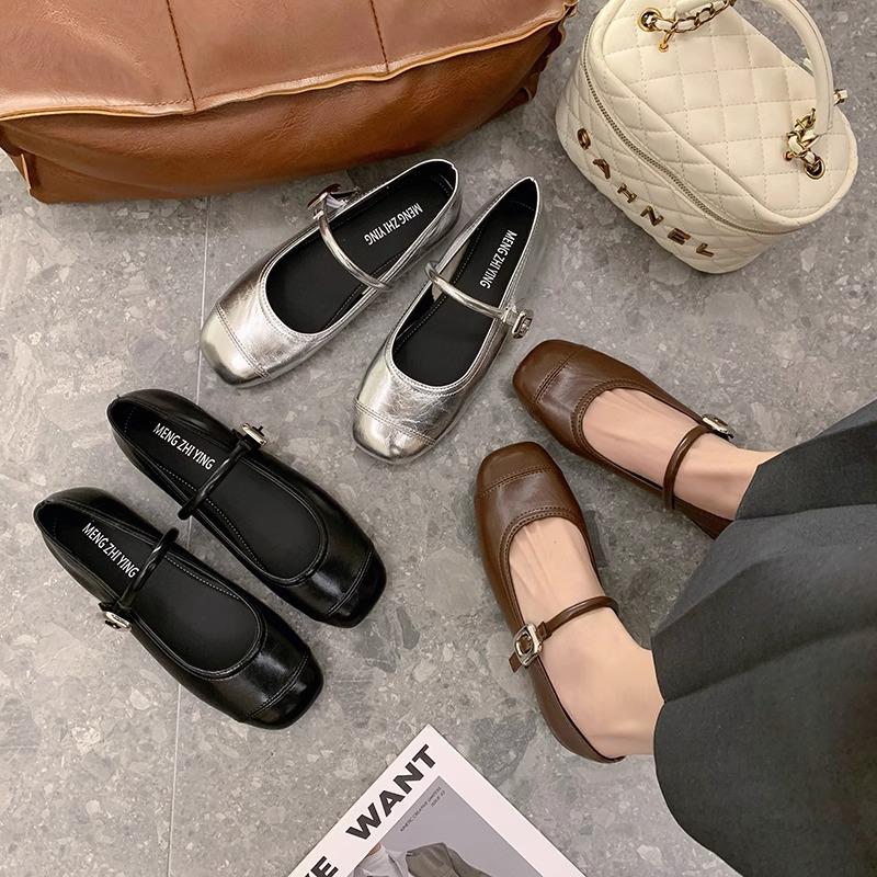 Silver Mary Jane light mouth single shoes women's spring new Korean version square head French fairy style soft sole Doudou shoes