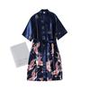 2 Pcs/Set Women Ice Silk Pajama Set Satin Printed V Neck Spaghetti Strap Loose Nightdress Half Sleeve Lace-up Waist Nightgown Lady Sleepwear