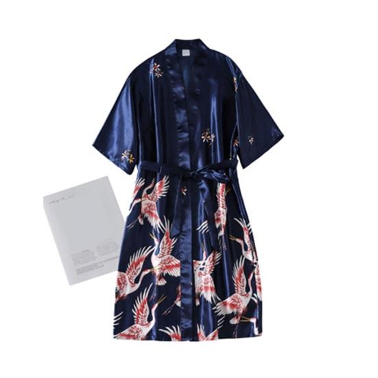 2 Pcs/Set Women Ice Silk Pajama Set Satin Printed V Neck Spaghetti Strap Loose Nightdress Half Sleeve Lace-up Waist Nightgown Lady Sleepwear