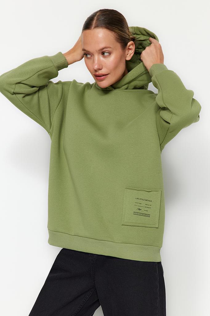 Women's Fashion Sweatshirt Hooded Long Emerald Green Regular Fit Embroidered Hooded Knitted Sweatshirt with Fleece Inside