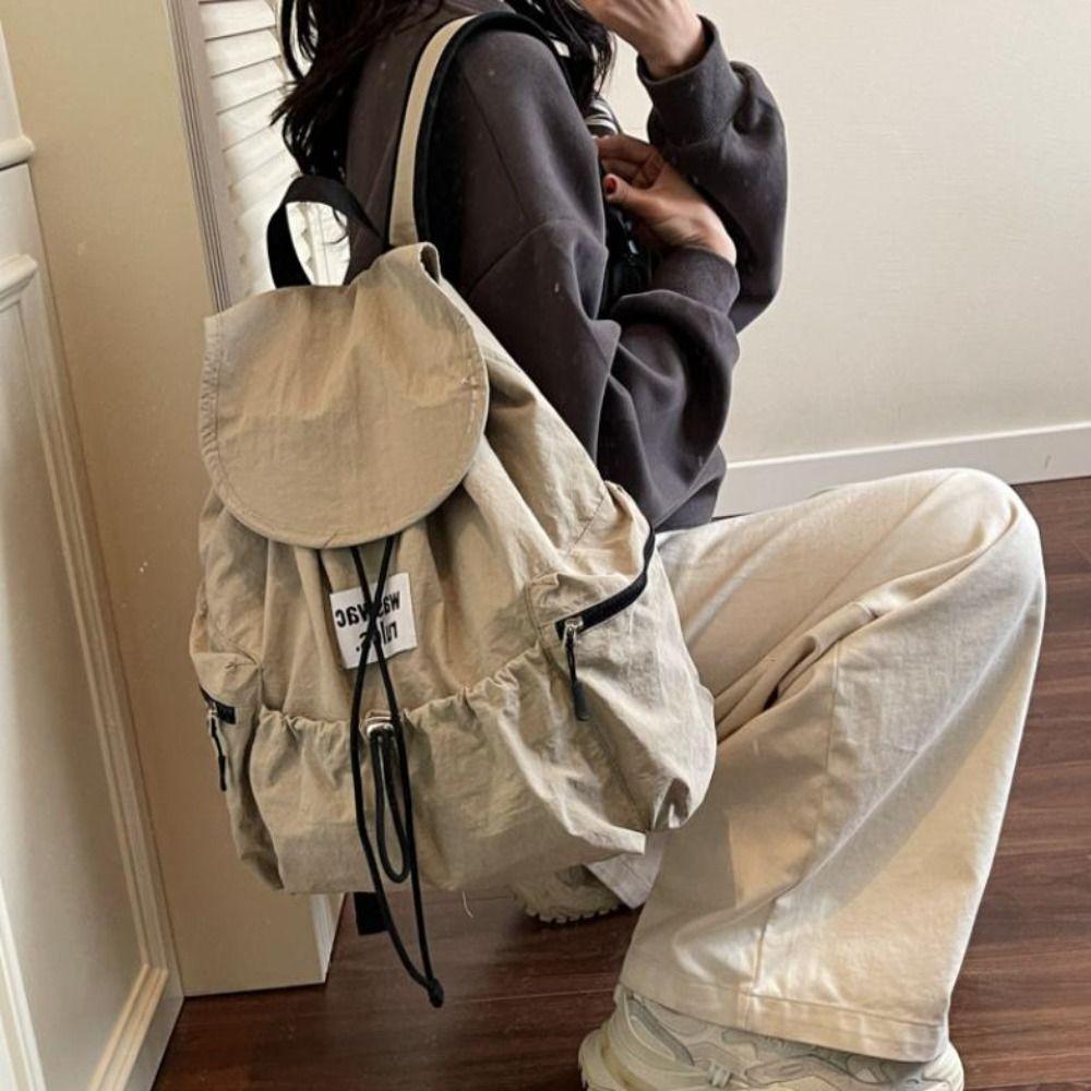 Solid Color Ruched Shoulder Bags Nylon Student Schoolbag Simple Drawsting Backpacks Outdoor