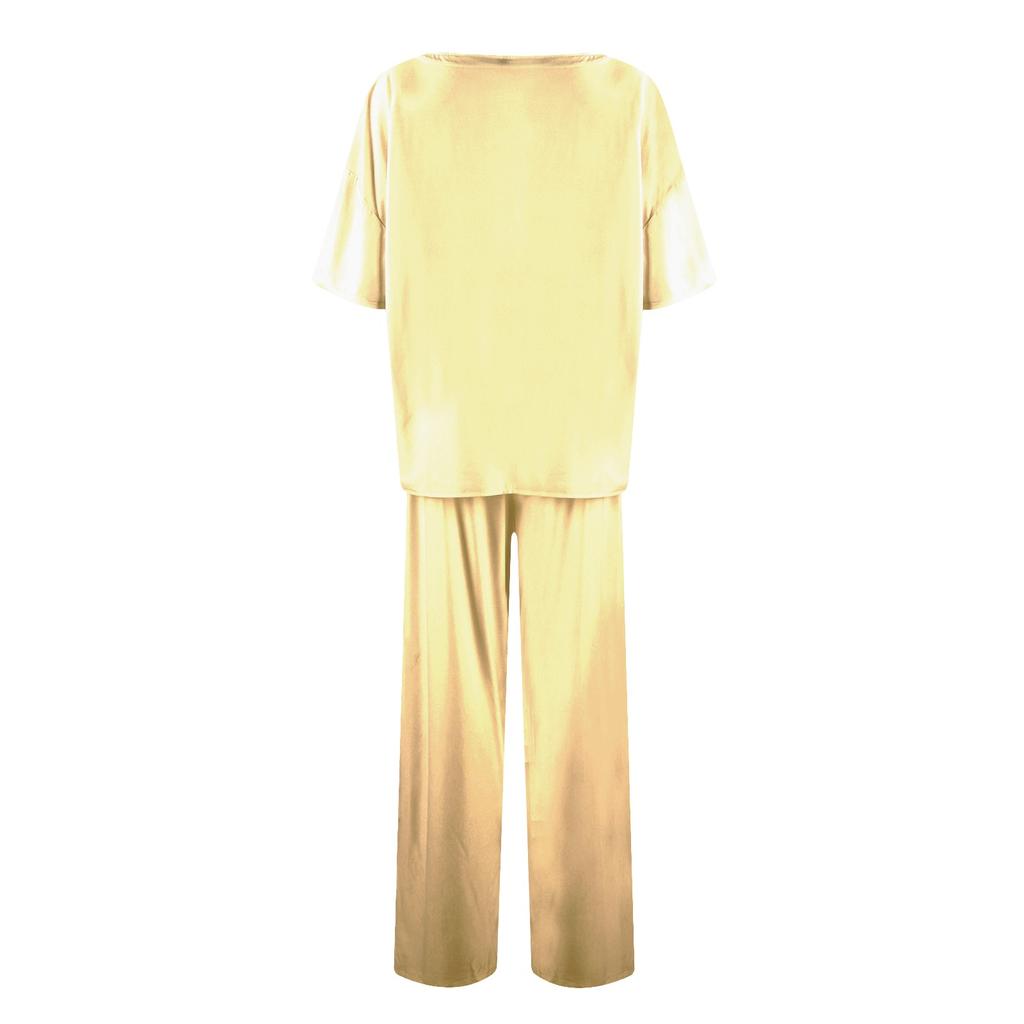 Женский шелковый однотонный пижамный комплект, рубашка с коротким рукавом и длинные пижамные штаны, мягкая пижама, домашняя одежда