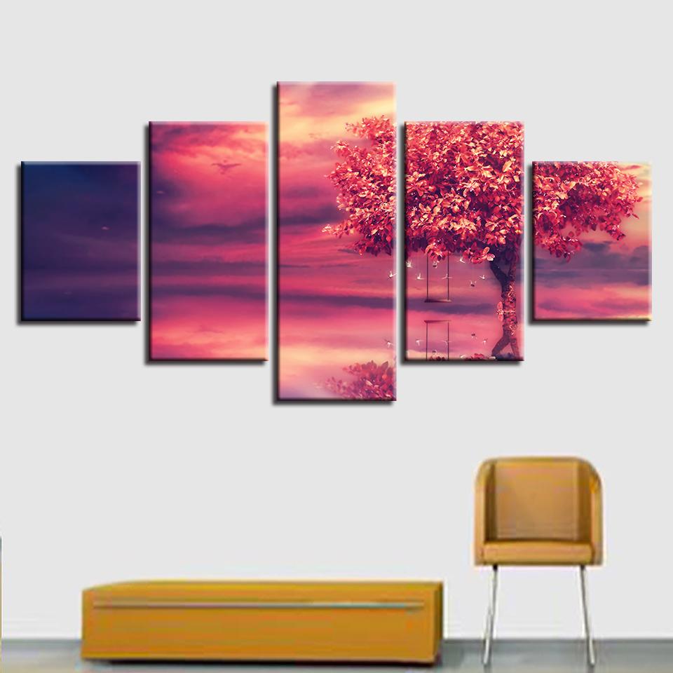 Modular Canvas HD Prints Posters Home Decor Wall Art Pictures 5 Pieces Red Clou & Tree Art Scenery Landscape Paintings No Frame