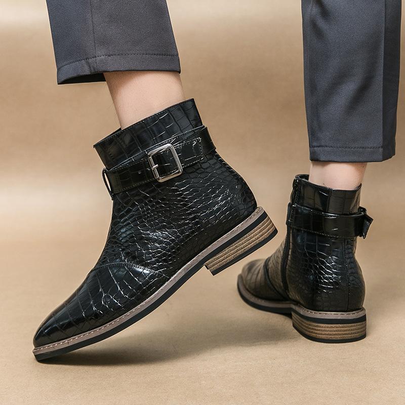 Men's Ankle Boots Fashion Pointed Leather Boots Designer Crocodile Pattern High-top Boots for Men Casual Business Dress Booties