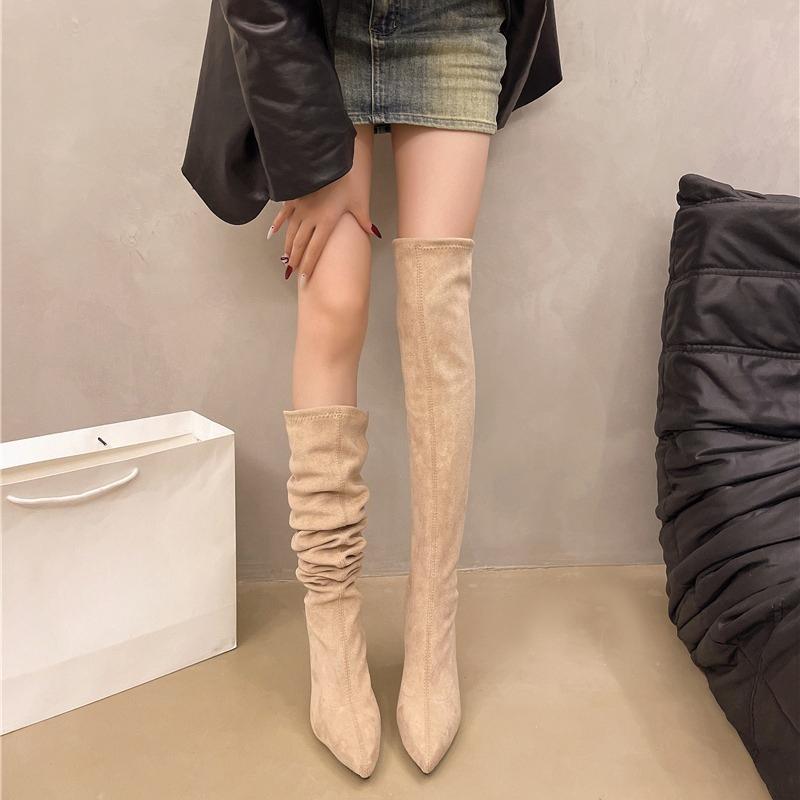 Temperament Over The Knee Thigh Boots Autumn New Pointed Toe Suede Sleeve Anti-Slip Wear-Resistant High Heels