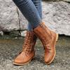 Retro Autumn/Winter Women's Western Cowboy Boots Lace Up Solid Color Side Zipper Low Heel Mid Calf Motorcycle Boot Goth Shoe