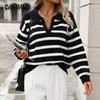 Autumn and Winter Women's Plus Size Fashion Splicing Stripe Lapel Loose Knit Sweater