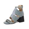 FOREADA Women Sandals Thick High Heels Round Toe Rivets Zipper Fashion Party Summer Shoes Black Brown Blue White 33-46