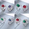 Red Green ColorZircon Ring Simple Style Silver Hand Jewelry For Women