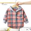Kids Plaid Hooded Shirt Spring Fall Chest Pocket Button Closure Loose Causal Boys Girls Toddlers Children Long Sleeves Top Jacket