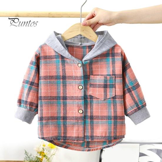 Kids Plaid Hooded Shirt Spring Fall Chest Pocket Button Closure Loose Causal Boys Girls Toddlers Children Long Sleeves Top Jacket