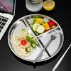 Food Grade Thickened Edge Round Food Plate Stainless Steel 3 Grids Compartment Meal Tray Kitchen Supplies