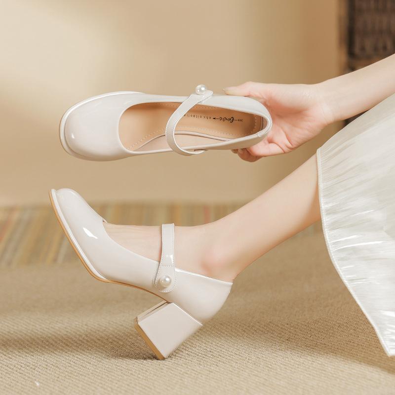 Mary Jane Thick Heel Single Shoes Round Head Light Mouth Velcro Medium Heel High Heels Casual Women's Shoes