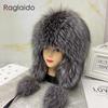 New Fluffy Soviet Hat Real Fox Fur Hats for Woman Winter Octopus Bomber Earflap Knitted Ball Fashionable Flap Cap Mongolian Hat