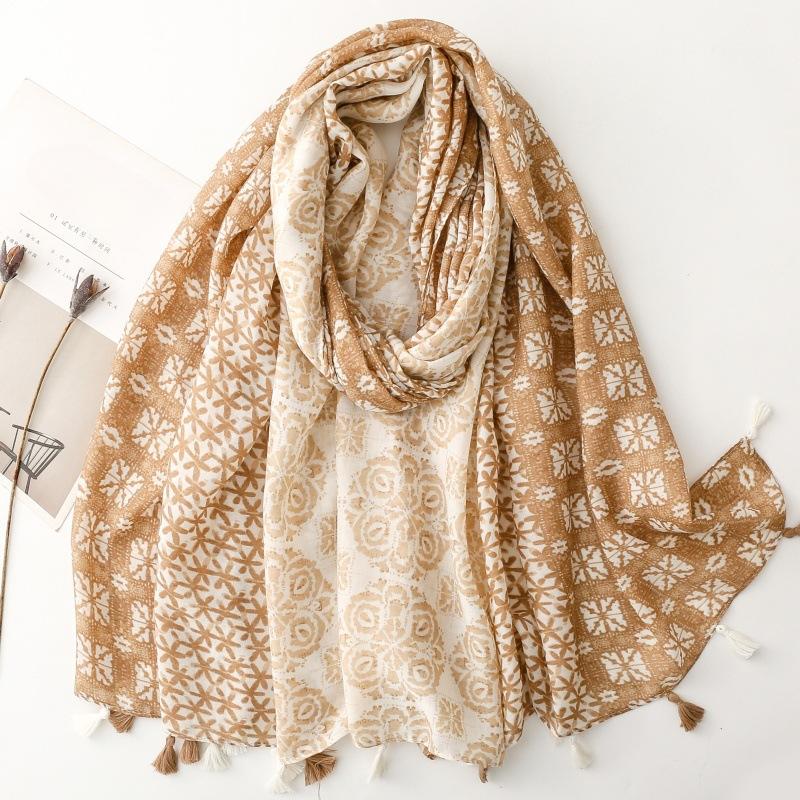 Spring and Summer Cotton and Linen Scarf with Celebrity Style Geometric Style Tassel Scarf Warm Shawl