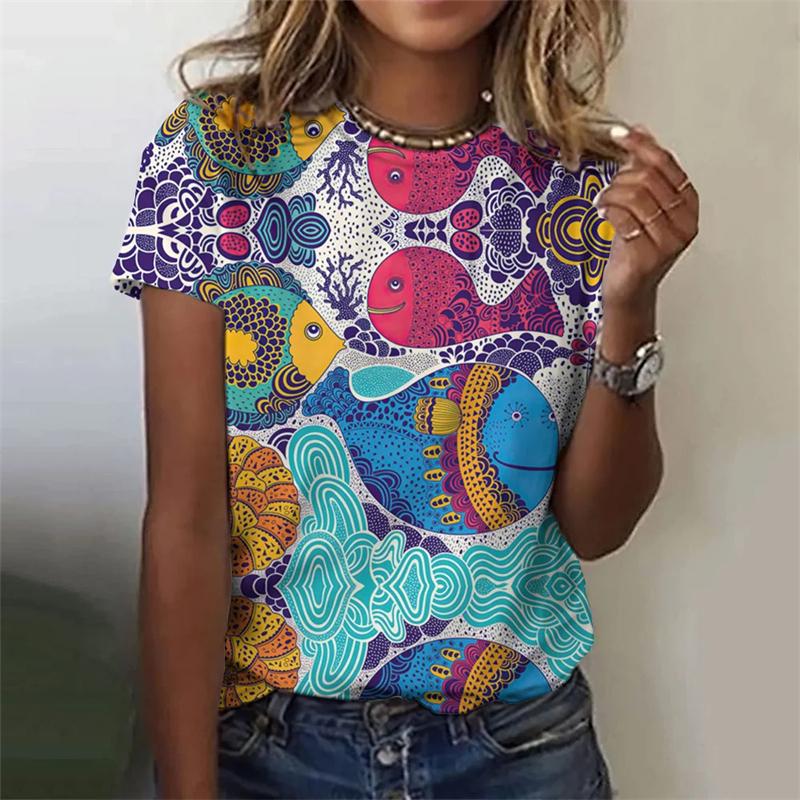 Retro Style 3D Printed T-shirts with Fashionable Round Neck Short Sleeved Top Featuring Ethnic Patterns Women's T-shirts