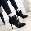 Short Boots 2024 Winter New Korean Fashion  Boots Ankle Boot Pointed High Heels Stiletto Wild Lace-up Women's Boots Hjm8
