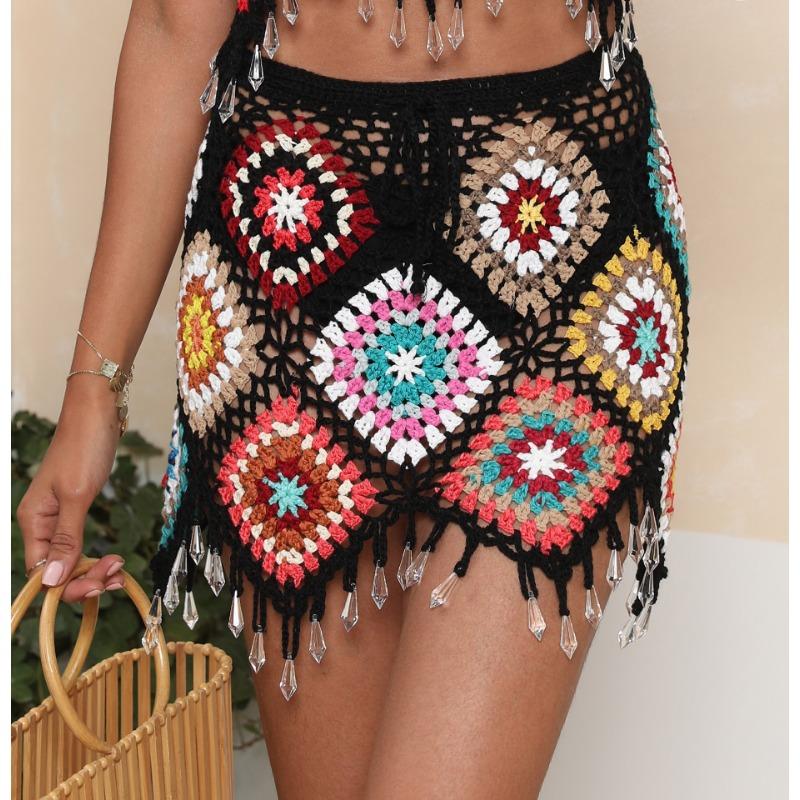 Plus Size Women's Beach Skirt Ethnic Random Mixed Colour Patchwork Pure Hand Hooked Tie Half Skirt