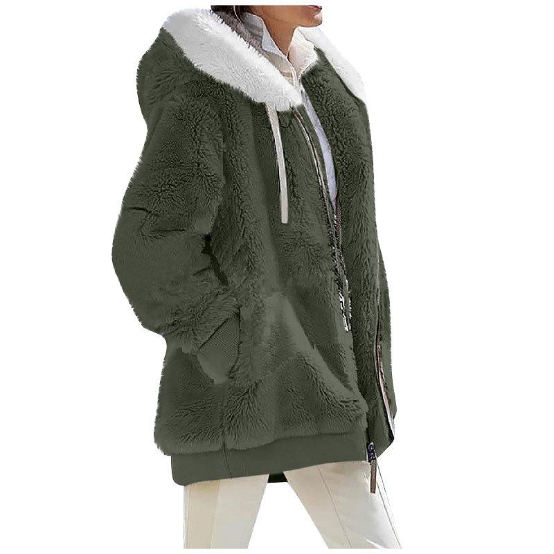 2024 Autumn/Winter Loose Plush Long Sleeve Zip Pocket Hooded Warm Coat for Women