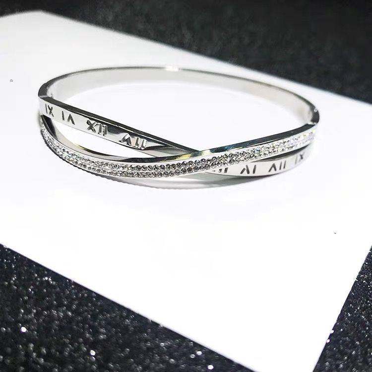 High-End Women's Silver Titanium Steel Zircon Bangle Bracelet