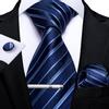 Classic Mens Tie Navy Blue Striped Necktie Formal Tie for Men Tie Clips Hanky Cufflink Silk Tie Set