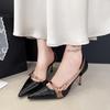 New Pointed Toe Snakeskin Stiletto Heels Summer  Women's Retro Shallow Mouth Metal Buckle Hollow Non-slip Single Shoes