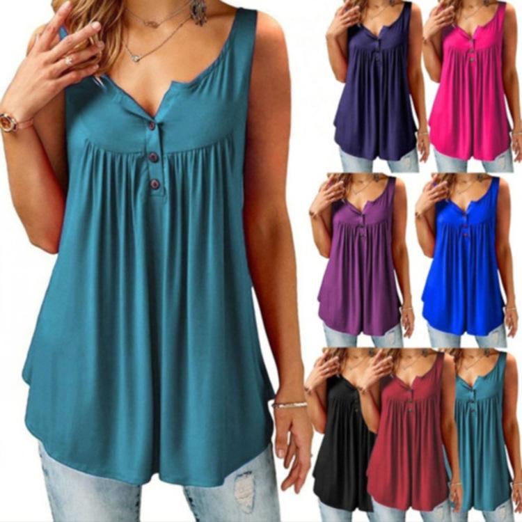 Plus Size Casual Sleeveless Tops Sexy Deep V-neck Halter Button Blouse Ladies Swing Flowy Vest