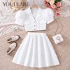 Girls Suit 2024 Summer Short Puff Sleeve Top White Skirt Children's Clothing