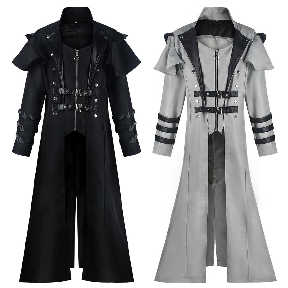 Vintage Halloween Medieval Steampunk Assassin Elves Pirate Costume Adult Men Black Long Split Jacket Gothic Armor Leather Coats