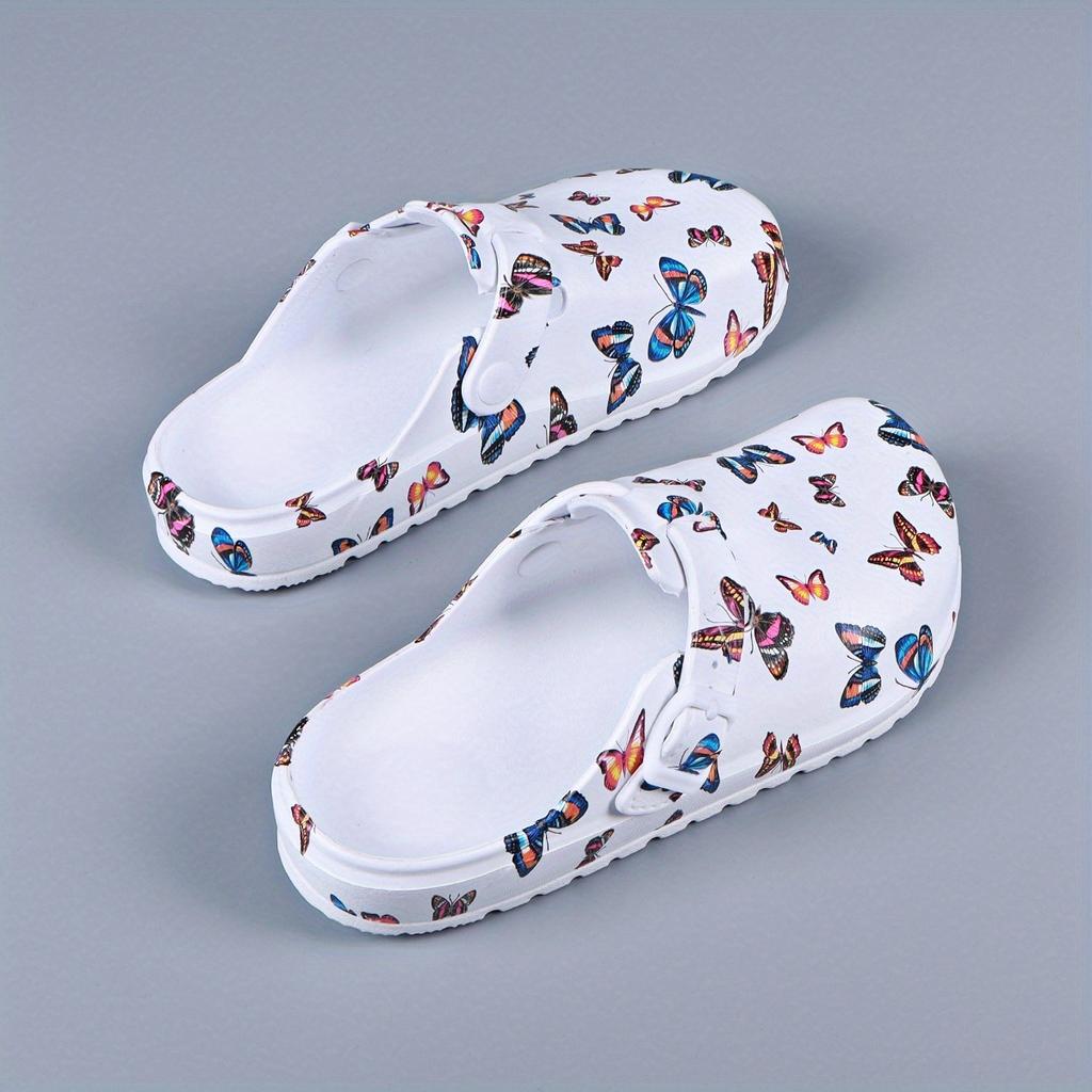 Women's Lightweight EVA Clogs - Slip- Soft Sole Flat Shoes with Butterfly Print & Arch, Adjustable Buckle & Cushioned Insole - White with Multicolor